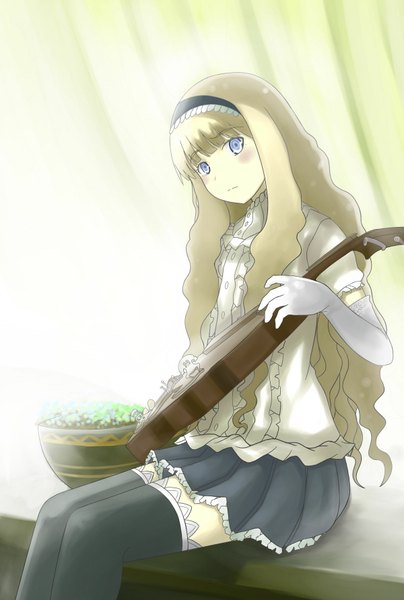 Anime picture 1200x1782 with original kawano masatoshi single long hair tall image blush blue eyes blonde hair sitting girl thighhighs skirt gloves flower (flowers) black thighhighs shirt elbow gloves hairband musical instrument