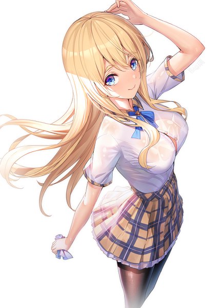 Anime picture 875x1200 with original saegusa futaba ririko (zhuoyandesailaer) single long hair tall image looking at viewer blush fringe breasts blue eyes light erotic blonde hair smile hair between eyes large breasts standing holding pleated skirt from above