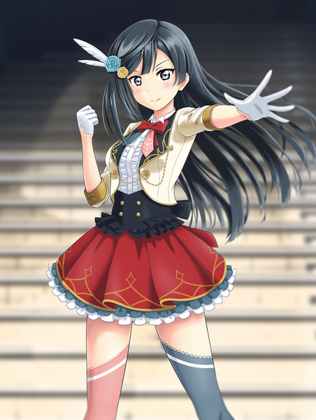 Anime picture 791x1050 with love live! nijigasaki high school idol club sunrise (studio) love live! yuuki setsuna (love live!) arjend single long hair tall image looking at viewer blush fringe breasts black hair smile standing blunt bangs hair flower black eyes floating hair outstretched arm