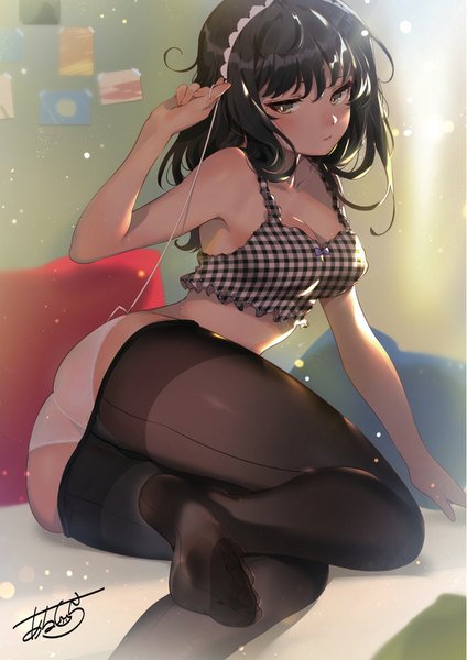 Anime picture 1357x1920 with original arutera single long hair tall image looking at viewer blush fringe breasts light erotic black hair hair between eyes sitting signed yellow eyes cleavage ass indoors blurry scan