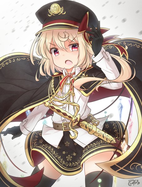 Anime-Bild 1895x2501 mit touhou flandre scarlet coreytaiyo single tall image looking at viewer fringe highres short hair open mouth blonde hair hair between eyes red eyes signed fang (fangs) alternate costume one side up dated sheathed girl