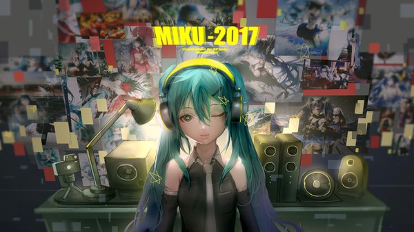 Anime picture 1280x720 with vocaloid hatsune miku sa'yuki single long hair looking at viewer fringe blue eyes hair between eyes wide image twintails brown eyes signed upper body one eye closed light smile wink aqua hair character names light