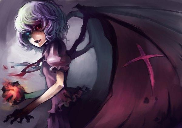 Anime picture 1600x1131 with touhou remilia scarlet iroai mdd single short hair open mouth blue eyes red eyes silver hair heterochromia magic glowing demon girl glowing eye (eyes) demon wings girl wings