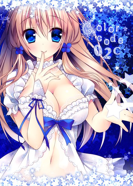 Anime picture 648x906 with original traene (sorai shin'ya) sorai shin'ya single long hair tall image looking at viewer blush fringe breasts blue eyes light erotic blonde hair smile hair between eyes large breasts payot puffy sleeves no panties finger to mouth