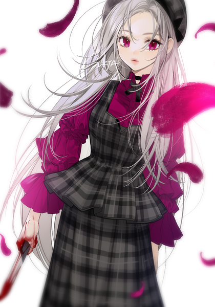 Anime picture 700x1000 with original sorolp single long hair tall image looking at viewer fringe simple background hair between eyes holding signed silver hair long sleeves parted lips pink eyes blurry plaid skirt plaid bloody weapon fashion