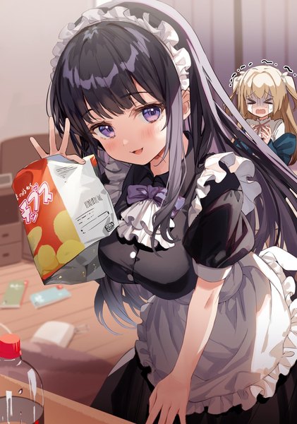 Anime picture 1053x1500 with original kanda done long hair tall image looking at viewer blush fringe open mouth black hair blonde hair purple eyes multiple girls holding indoors eyes closed :d off shoulder maid leaning two side up