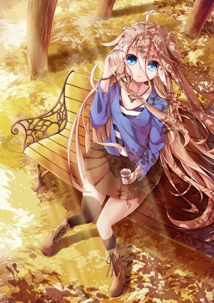 Anime picture 695x983 with vocaloid ia (vocaloid) dying (artist) single long hair tall image looking at viewer blue eyes blonde hair smile sitting bent knee (knees) pleated skirt from above wind sunlight adjusting hair sunbeam autumn girl