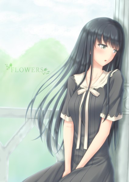 Anime picture 848x1200 with flowers (innocent grey) innocent grey k2-atelier single long hair tall image blush open mouth black hair sitting yellow eyes girl dress