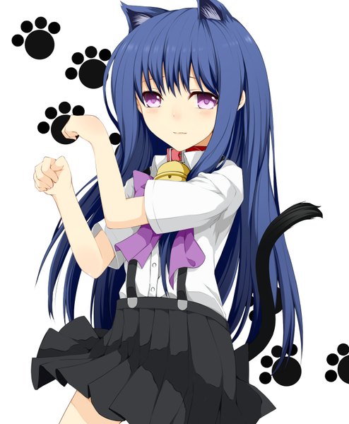 イラスト 1400x1700 と ひぐらしのなく頃に スタジオディーン 古手梨花 nemu (nebusokugimi) ソロ 長髪 長身像 白背景 獣耳 青い髪 ピンク目 猫耳 cat girl cat tail bell collar 女の子 ベル