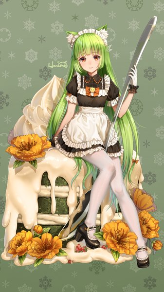 Anime picture 1080x1920 with os-tan moegirlpedia-tan haneru single tall image looking at viewer blush fringe smile sitting holding signed animal ears payot full body bent knee (knees) blunt bangs very long hair green hair cat ears