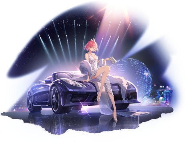 Anime picture 1593x1224 with original zuo600 single looking at viewer fringe short hair breasts light erotic hair between eyes red eyes large breasts sitting holding pink hair cleavage full body ahoge bent knee (knees) outdoors nail polish