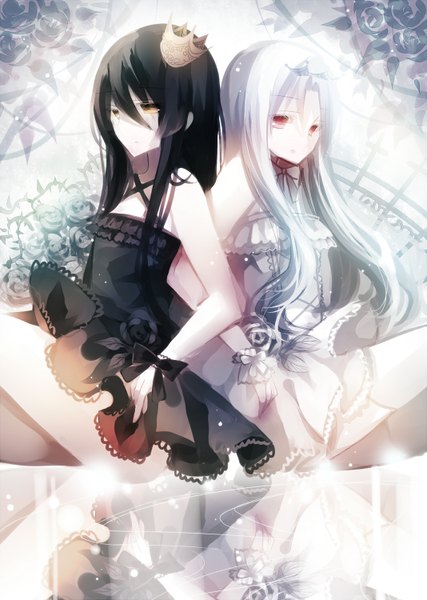 Anime picture 1068x1500 with original filiananna long hair tall image looking at viewer fringe black hair red eyes sitting multiple girls yellow eyes white hair reflection sad albino curvy girl dress flower (flowers) ribbon (ribbons)