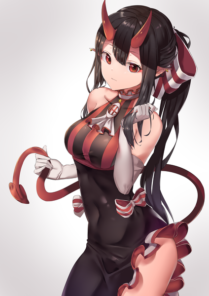 Anime picture 3500x4950 with original kuse (0201) sog-igeobughae single long hair tall image looking at viewer fringe highres breasts black hair simple background hair between eyes red eyes standing bare shoulders holding payot absurdres ponytail