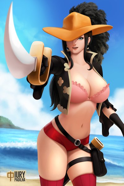 Anime picture 667x1000 with one piece one piece film: z toei animation nico robin iury padilha single long hair tall image looking at viewer breasts open mouth blue eyes light erotic black hair large breasts standing holding signed payot sky