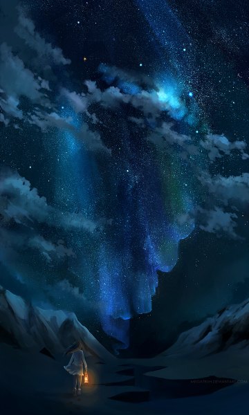 Anime-Bild 720x1200 mit original megatruh single long hair tall image cloud (clouds) grey hair night night sky mountain landscape scenic aurora borealis girl dress star (stars) lantern