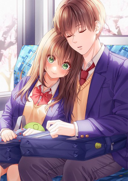 Anime picture 870x1230 with original unjem long hair tall image looking at viewer blush fringe short hair open mouth hair between eyes brown hair sitting green eyes eyes closed open clothes embarrassed sweatdrop sleeping shiny train interior