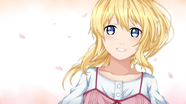 Anime picture 2560x1440 with shigatsu wa kimi no uso a-1 pictures miyazono kaori whitewisewolf single long hair blush highres blue eyes simple background blonde hair smile wide image white background girl dress petals