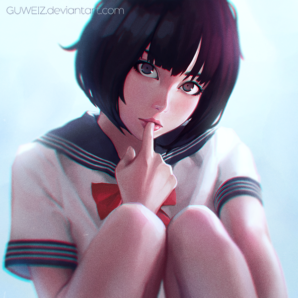 Anime picture 900x900 with original guweiz single looking at viewer fringe short hair black hair signed purple hair bent knee (knees) parted lips multicolored hair lips bare legs grey eyes gradient background finger to mouth gradient hair ilya kuvshinov (style) girl