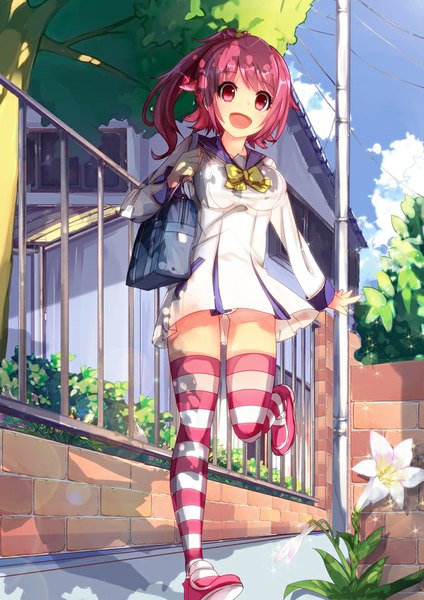 Anime picture 707x1000 with precure dokidoki! precure toei animation aida mana icywood single long hair tall image open mouth light erotic pink hair ponytail pink eyes girl thighhighs dress uniform flower (flowers) plant (plants) school uniform