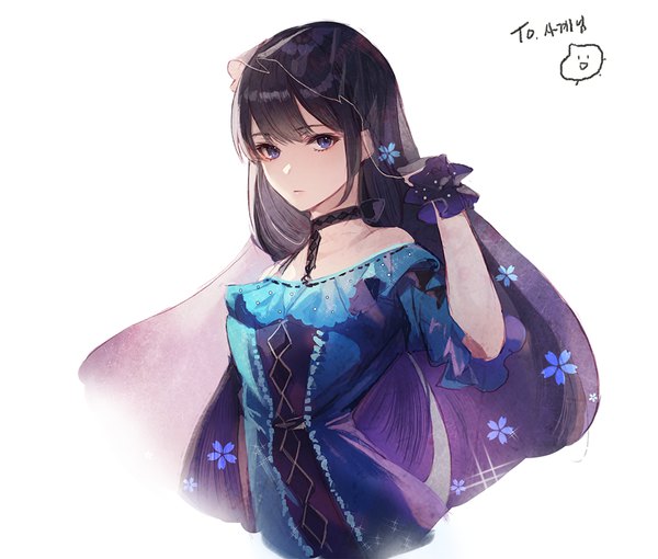 Anime picture 1000x850 with original kim eb single long hair looking at viewer fringe blue eyes black hair simple background white background signed payot upper body off shoulder girl dress choker blue dress veil