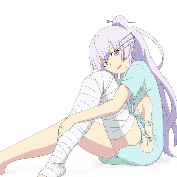 Anime picture 1500x1500 with heavy object j.c. staff frolaytia capistrano go-it single long hair looking at viewer fringe breasts open mouth light erotic simple background hair between eyes large breasts white background sitting purple eyes payot silver hair bent knee (knees)