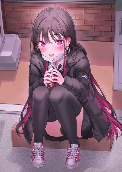 Anime picture 636x900 with original rangu single long hair tall image looking at viewer blush fringe open mouth black hair smile hair between eyes sitting holding pink hair full body bent knee (knees) outdoors long sleeves :d