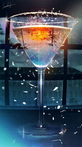 Anime picture 3376x6000 with original banishment tall image highres signed absurdres sky no people scenic window building (buildings) star (stars) power lines cocktail glass