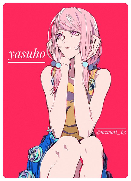 Anime picture 600x828 with jojo no kimyou na bouken jojolion hirose yasuho mizudama single long hair tall image simple background sitting signed looking away pink hair pink eyes sleeveless character names twitter username border pink background chin rest girl