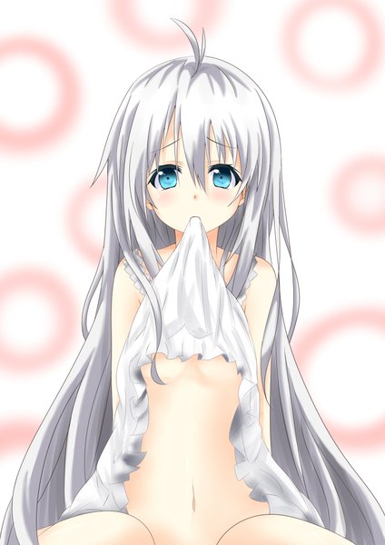 Anime picture 1446x2046 with original saku (kudrove) single long hair tall image looking at viewer blue eyes light erotic silver hair girl navel