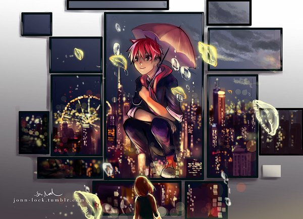 Anime picture 900x650 with original jon-lock (artist) short hair smile brown hair standing sitting looking away cloud (clouds) bent knee (knees) red hair parted lips from behind night night sky city squat cityscape city lights twisty sleeves