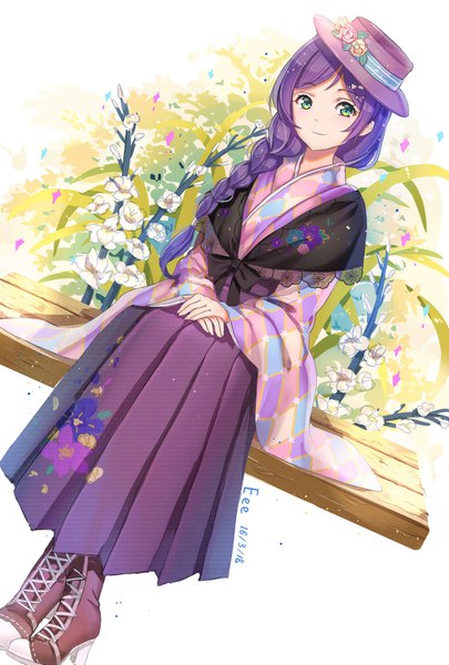 Anime picture 1000x1481 with love live! school idol project sunrise (studio) love live! toujou nozomi duzie e single long hair tall image white background sitting green eyes signed purple hair full body braid (braids) traditional clothes japanese clothes dutch angle crossed legs single braid