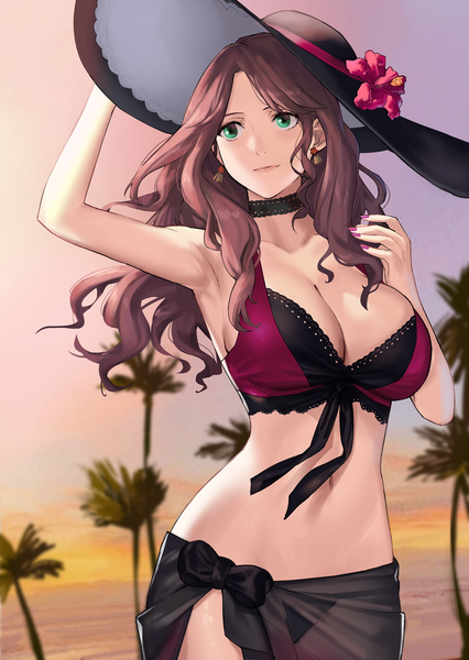 Anime-Bild 1064x1500 mit fire emblem fire emblem: three houses fire emblem heroes nintendo dorothea arnault j@ck single long hair tall image breasts light erotic smile brown hair large breasts standing green eyes looking away sky cleavage outdoors
