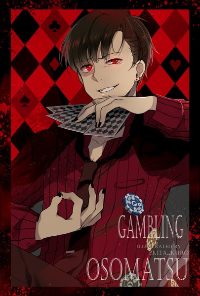 Anime picture 811x1200 with osomatsu-san matsuno osomatsu ekita xuan single tall image looking at viewer short hair black hair smile red eyes sitting signed nail polish parted lips alternate costume character names piercing ear piercing open collar red background