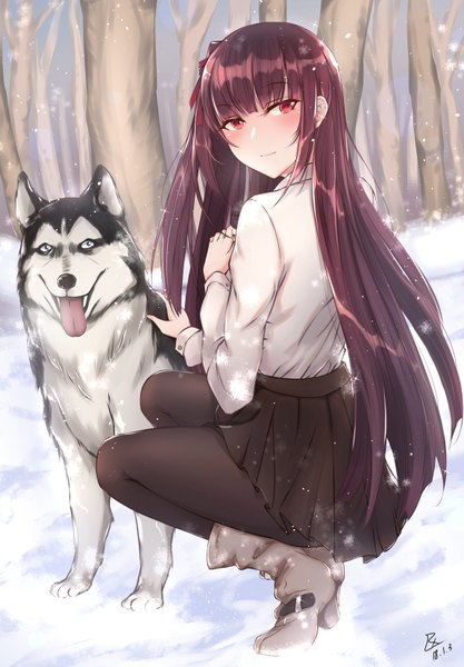 Anime picture 1150x1655 with girls frontline wa2000 (girls frontline) zhishi ge fangzhang single long hair tall image looking at viewer blush fringe blue eyes smile red eyes standing holding signed payot purple hair outdoors blunt bangs long sleeves