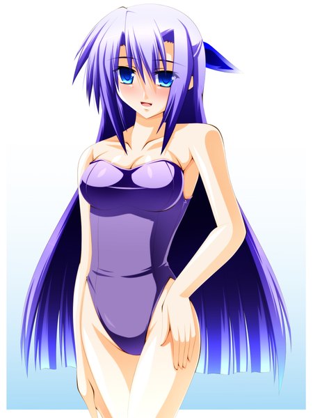 Anime picture 1536x2048 with mahou shoujo lyrical nanoha mahou shoujo lyrical nanoha strikers ginga nakajima engo (aquawatery) single long hair tall image blush blue eyes light erotic bare shoulders purple hair half updo girl swimsuit