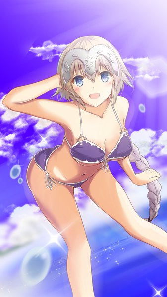 Anime picture 1080x1920 with fate (series) fate/grand order jeanne d'arc (fate) (all) poyorin koto single long hair tall image blush fringe breasts open mouth blue eyes light erotic blonde hair hair between eyes bare shoulders sky cleavage cloud (clouds) outdoors