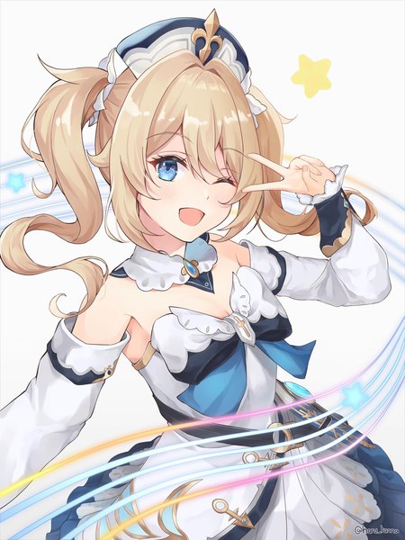 Anime picture 1668x2224 with genshin impact barbara (genshin impact) harukix single long hair tall image fringe open mouth blue eyes blonde hair hair between eyes twintails one eye closed drill hair victory ;d girl dress detached sleeves star (symbol)