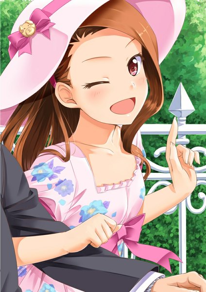 Anime picture 827x1169 with idolmaster minase iori miri (ago550421) long hair tall image looking at viewer blush open mouth brown hair one eye closed pink eyes wink girl dress hat sundress