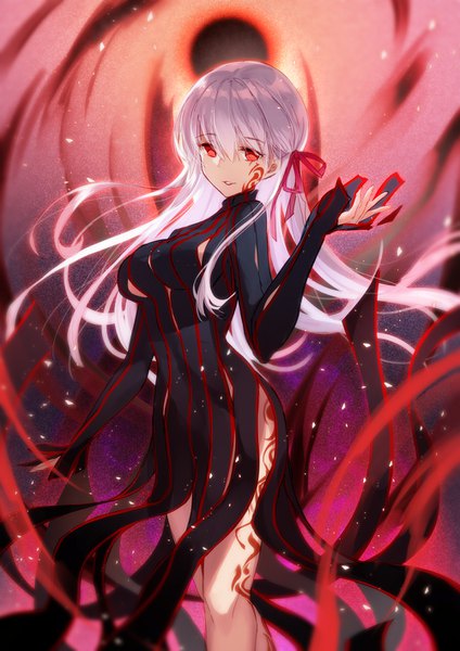 Anime picture 1000x1415 with fate (series) fate/stay night matou sakura dark sakura bison cangshu single long hair tall image looking at viewer fringe breasts hair between eyes red eyes large breasts standing white hair light smile tattoo floating hair sleeves past wrists