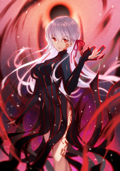 Anime-Bild 1000x1415 mit fate (series) fate/stay night matou sakura dark sakura bison cangshu single long hair tall image looking at viewer fringe breasts hair between eyes red eyes large breasts standing white hair light smile tattoo floating hair sleeves past wrists