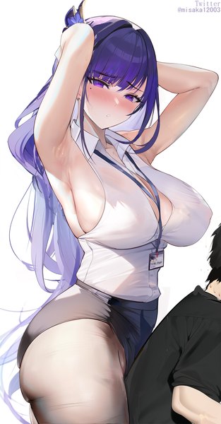 Anime picture 1600x3069 with genshin impact raiden shogun misaka 12003-gou long hair tall image looking at viewer blush fringe breasts light erotic black hair simple background large breasts standing white background sitting purple eyes signed purple hair ass