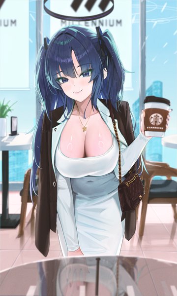 Anime picture 2000x3330 with blue archive starbucks yuuka (blue archive) dongtan lady (k pring) fieryonion single long hair tall image looking at viewer blush fringe highres breasts blue eyes light erotic smile hair between eyes large breasts standing holding