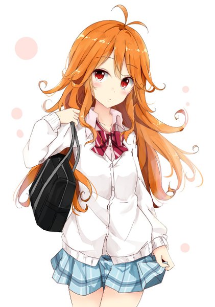 Anime picture 925x1318 with tokyo 7th sisters usuta sumire kurottari single long hair tall image looking at viewer blush fringe simple background hair between eyes red eyes white background ahoge pleated skirt orange hair plaid skirt girl skirt uniform