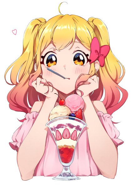 Anime picture 2508x3541 with aikatsu! aikatsu stars! nijino yume supersaiazin-kanako single long hair tall image looking at viewer highres simple background blonde hair white background twintails holding yellow eyes upper body ahoge mouth hold gradient hair head rest