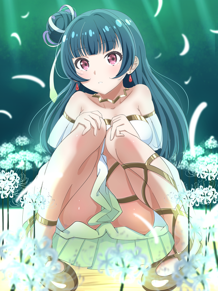 Anime picture 3000x4000 with love live! sunshine!! sunrise (studio) love live! tsushima yoshiko 42shirane single long hair tall image looking at viewer blush fringe highres breasts light erotic sitting bare shoulders blue hair blunt bangs pink eyes off shoulder