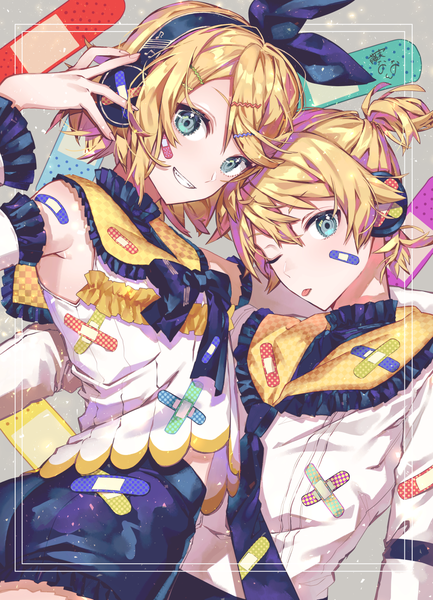 Anime picture 1000x1386 with vocaloid kagamine rin kagamine len 778-go tall image looking at viewer short hair blue eyes blonde hair smile ponytail one eye closed wink grin framed siblings twins bandaid on face brother and sister girl