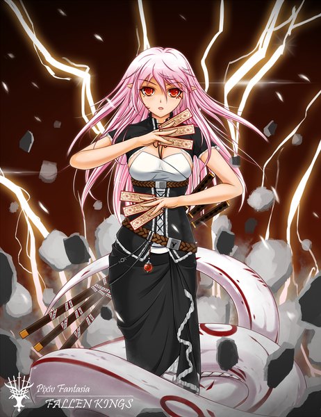 Anime picture 1540x2000 with original pixiv fantasia pixiv fantasia fallen kings midnight (artist) single long hair tall image looking at viewer open mouth red eyes pink hair pointy ears girl dress weapon animal sword katana snake ofuda