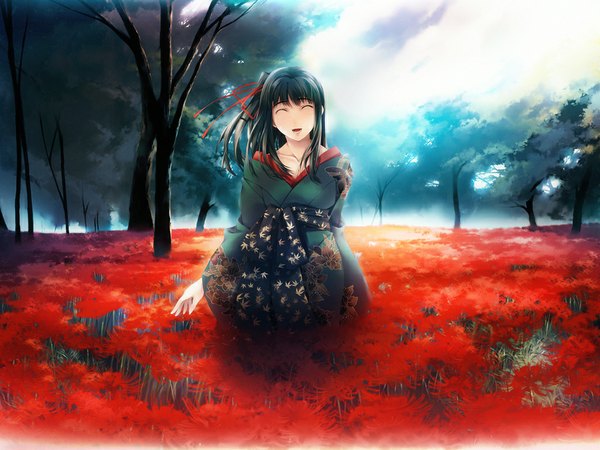 Anime picture 1024x768 with cartagra simosi black hair smile eyes closed japanese clothes flower (flowers) ribbon (ribbons) kimono higanbana