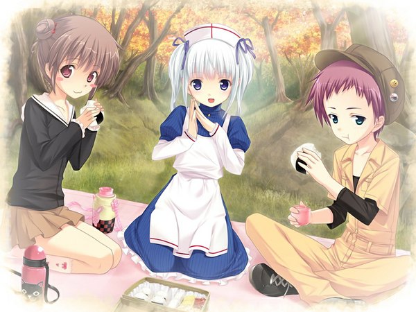 Anime picture 1024x768 with kitto, sumiwataru asairo yori mo (game) blue eyes red eyes brown hair multiple girls green eyes pink hair game cg white hair girl 3 girls child (children)