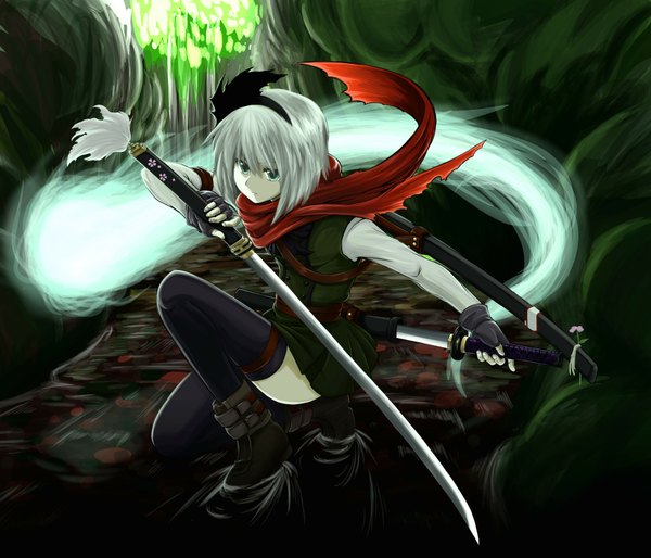 Anime picture 1750x1500 with touhou konpaku youmu myon m.m single looking at viewer highres short hair blue eyes white hair alternate costume ghost girl thighhighs dress gloves weapon black thighhighs sword boots